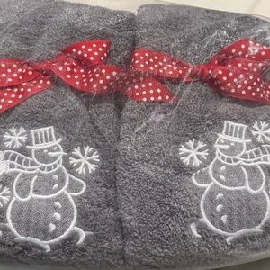 Gray Snowman Hand Embroidered Towels
